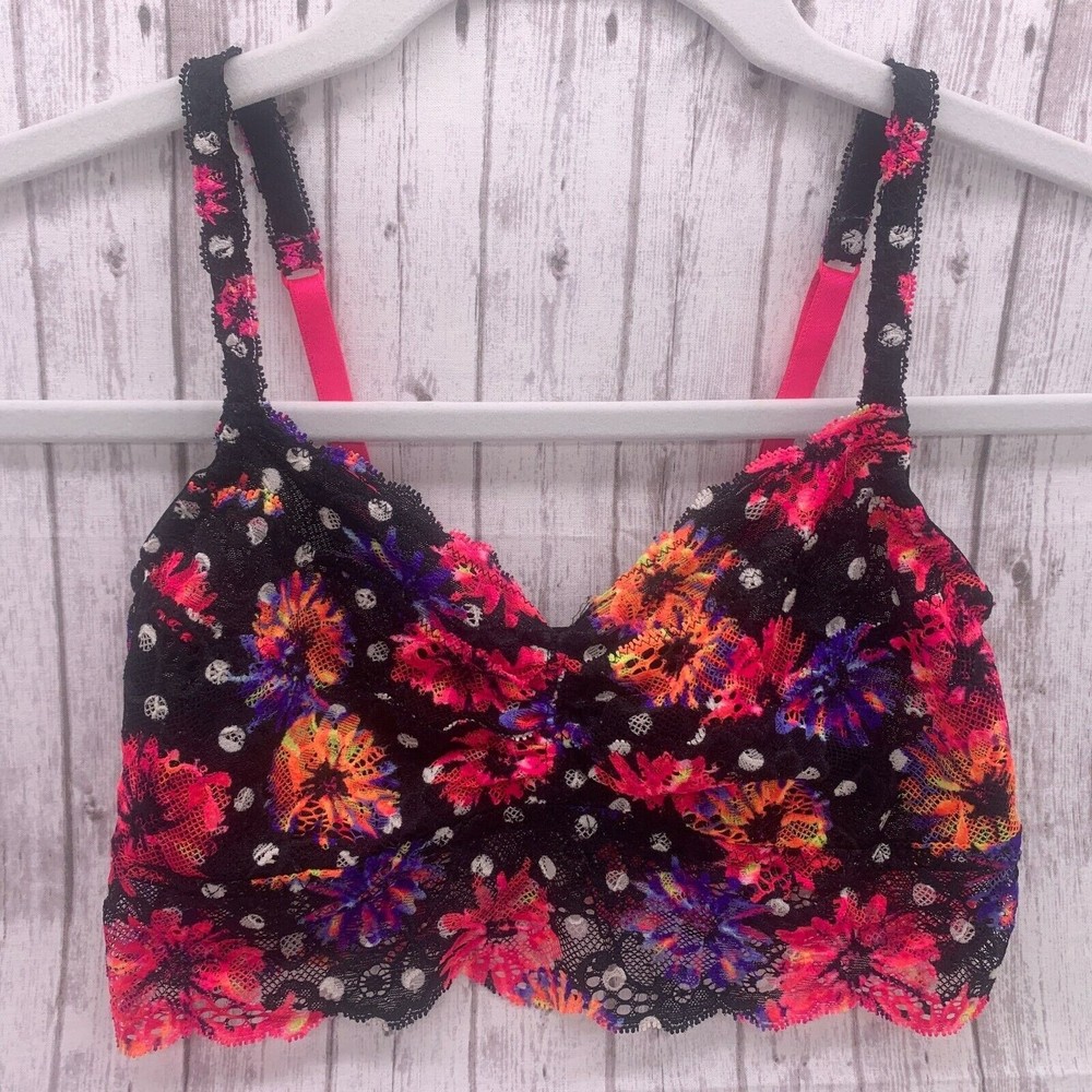 Victoria's Secret Womens Small PINK Black Pink Floral Lace Bralette Bra